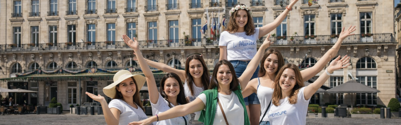 Groupe d’amies participant à un EVJF devant le Grand Théâtre de Bordeaux
